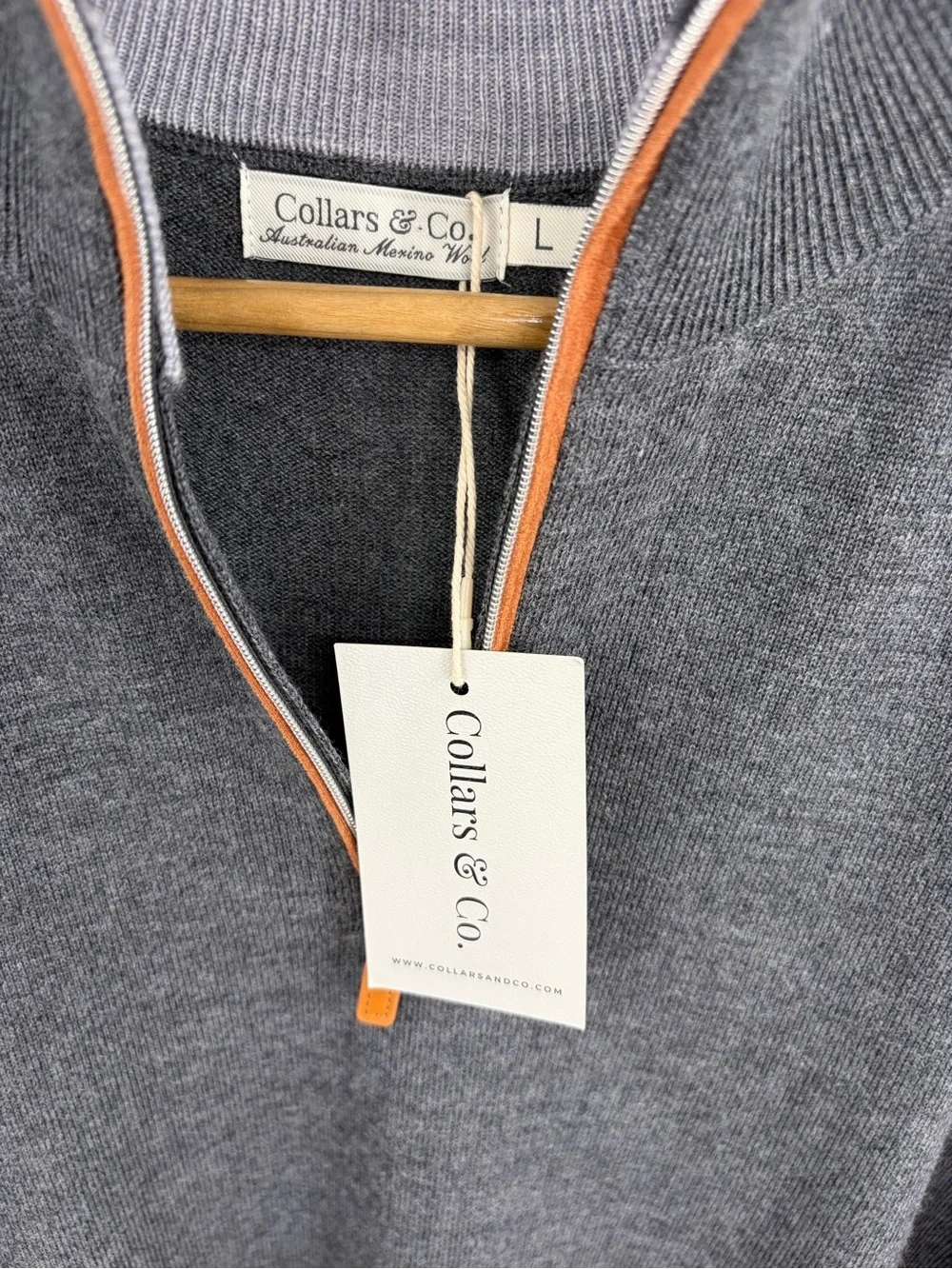 Collars & Co Australian merino wool quarter zip sweater charcoal men’s L NWT